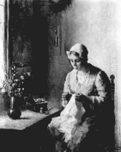 Doing Needlework by Bernard Johann De Hoog