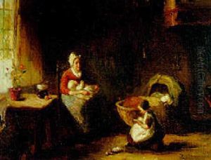 A Mother And Her Children In An Interior by Bernard Johann De Hoog
