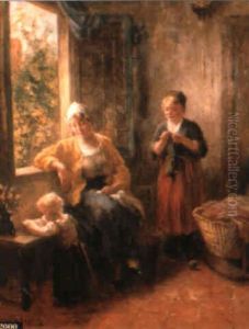 Interior Genre Scene With Mother And Children by Bernard Johann De Hoog