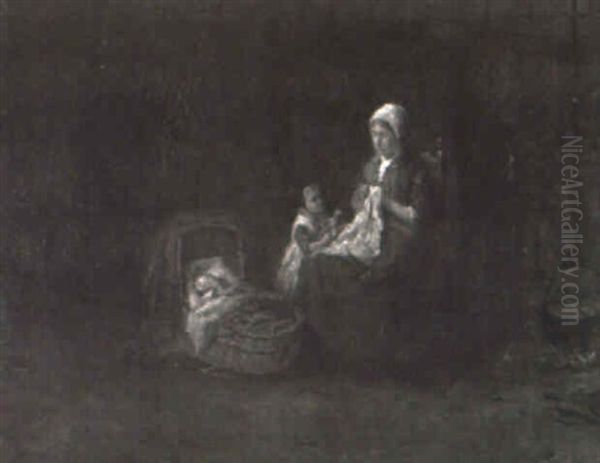 A Mother Sewing With Her Children - view 1