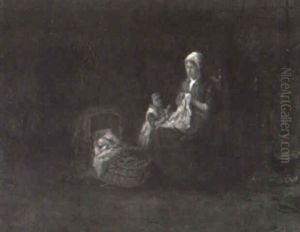 A Mother Sewing With Her Children by Bernard Johann De Hoog