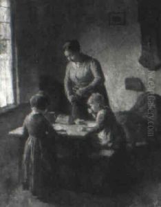 Dutch Mother Slicing Bread At Kitchen Table by Bernard Johann De Hoog