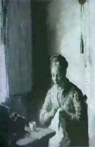 Woman Sewing By A Window by Bernard Johann De Hoog