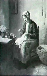 Woman Sewing In An Interior by Bernard Johann De Hoog