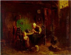 Interior With Young Mother Sewing And Child With Doll by Bernard Johann De Hoog