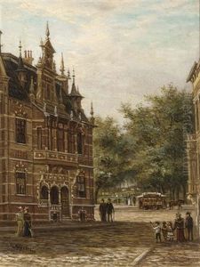 A Town View With Elegant Figures On A Street