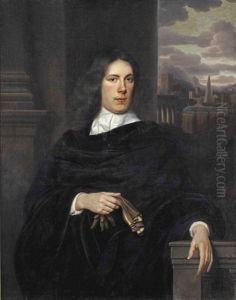 Portrait Of A Gentleman, Three-quarter Length, In A Black Costume With A White Collar Holding A Glove In His Right Hand, Standing On A Balcony With An Italian Cityscape Beyond