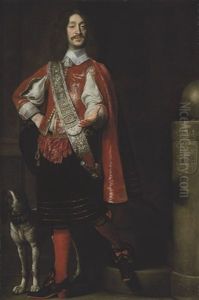 Portrait Of Count Ferdinand Von Werdenberg In A Red Coat With An Embroidered Sash, A Brittany Spaniel At His Side by Samuel Van Hoogstraten