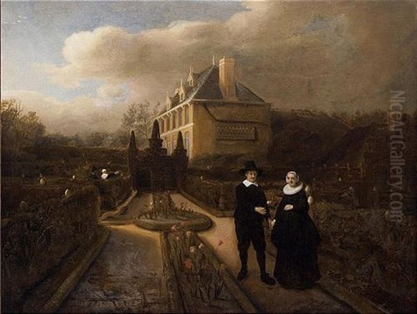 A Portrait Of Johan Cornelisz. Vijgeboom Handing His Wife, Anneken Joosten Boogaert A Tulip In The Garden Of Their Manor House Near Dubbeldam - view 1