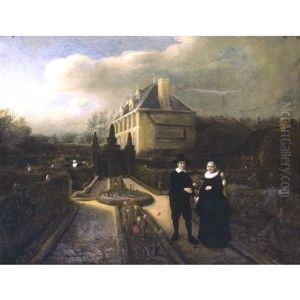 Portrait Of Jan Cornelisz. Vijgeboom Handing His Wife, Anneken Joosten Boogaert A Tulip In The Garden Of A Manor House