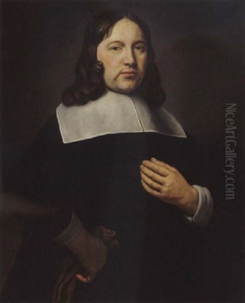A Portrait Of A Gentleman, Wearing A Black Coat With A White Collar And Holding Gloves In His Right Hand - view 1