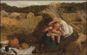A Well-deserved Lunch, A Woman With Child With Infant In A Hayfield And Figures Cutting Hay Beyond