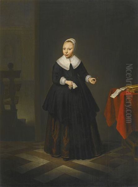 Portrait Of A Girl, Full-length In Black, Holding Flowers In An Interior - view 1