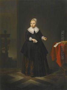 Portrait Of A Girl, Full-length In Black, Holding Flowers In An Interior by Isaack Jacobsz. van Hooren