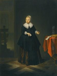 Portrait Of A Girl, Full-length, Standing In An Interior by Isaack Jacobsz. van Hooren