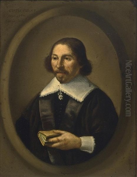 A Portrait Of A Gentleman, Aged 48, Half Length, Wearing A Black Coat With White Lace Cuffs And Collar, Holding A Book, In A Painted Oval - view 1