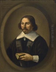 A Portrait Of A Gentleman, Aged 48, Half Length, Wearing A Black Coat With White Lace Cuffs And Collar, Holding A Book, In A Painted Oval by Isaack Jacobsz. van Hooren