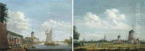 A River Landscape With Elegant Townsfolk Promenading By A City Wall