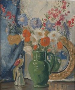 Flower Still Life With A Green Mug And Porcelain Parrot