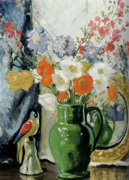 Stilleben Mit Buntem Blumenstraus In Grunem Henkelkrug - view 1