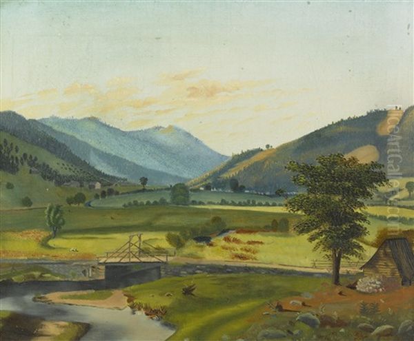 Landscape With Blue Hills In The Distance And A Small Bridge And Shed In The Foreground - view 1