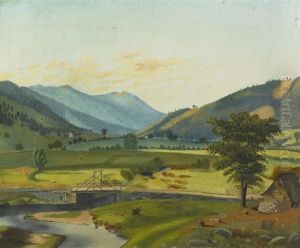 Landscape With Blue Hills In The Distance And A Small Bridge And Shed In The Foreground