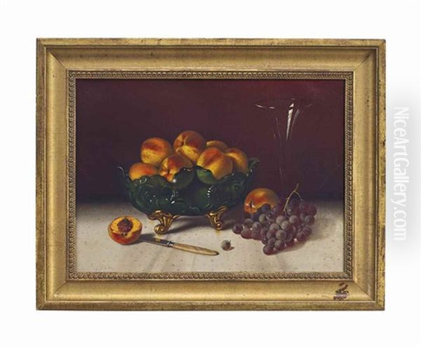 Peaches In Green Glass Bowl, Grapes And Knife - view 1