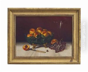 Peaches In Green Glass Bowl, Grapes And Knife