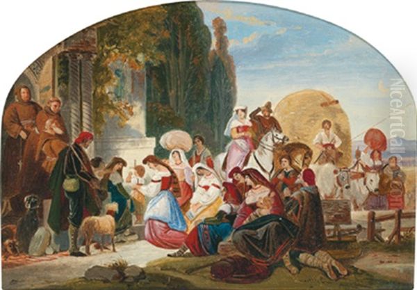 Bauern Aus Der Romischen Campagna Vor Einem Madonnenbild An Einem Klosterportal Betend - view 1