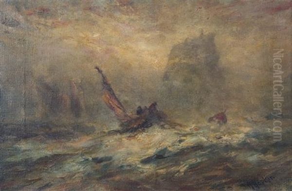 Ship Bearing Down On Fisherman In Storm - view 1