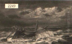 Sailing Vessel In Choppy Water On Rocks by Robert B. Hopkin