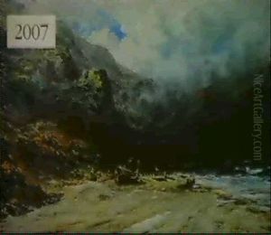 Small Boat Against Mountainous Shoreline by Robert B. Hopkin
