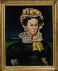 Portrait Of A Woman Wearing A Fancy Yellow-ribboned Lace Bonnet
