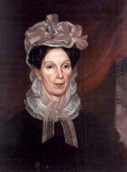 Portrait Of A Woman In Pink Ribboned Lace Bonnet Beside Red Fringed Drapery And Column - view 1