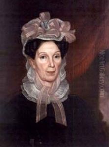 Portrait Of A Woman In Pink Ribboned Lace Bonnet Beside Red Fringed Drapery And Column