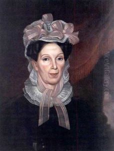 Portrait Of Woman In Pink Ribboned Lace Bonnet Beside Red Fringed Drapery And Column