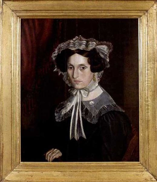 Portrait Of Woman With Lacy Bonnet And Book Seated Beside Red Fringed Drapery - view 1