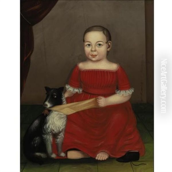 Portrait Of A Child In Red; Dog Pulling A Yellow Stocking - view 1