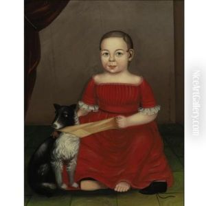 Portrait Of A Child In Red; Dog Pulling A Yellow Stocking