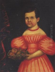 Little Girl In A Salmon Pink Dress With Coral Necklace Holding A Glass Bowl Of Fruit