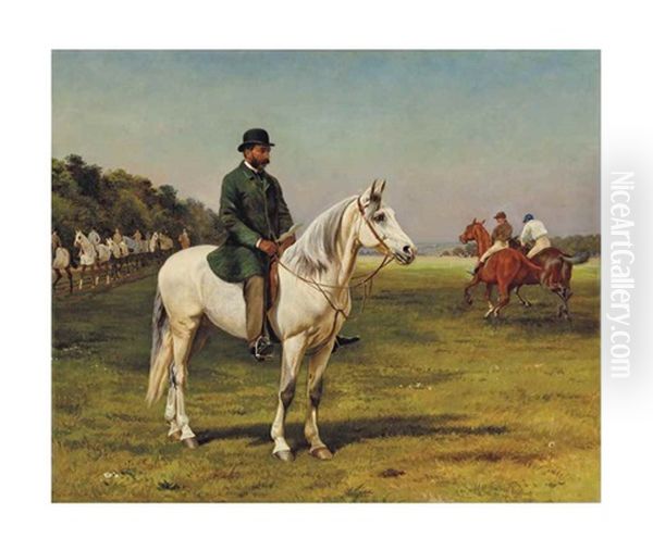 The Limekilns, Newmarket: Captain J.o. Machell On A White Horse With The Jockeys E. Martin And F. Archer Exercising Their Horses - view 1
