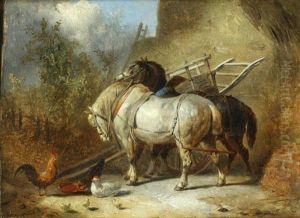 Ponies With Chickens Before A Cart And Hayrick Ponies With Chickens Before A Cart And Hayrick
