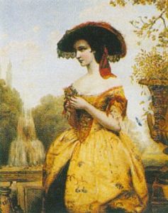 Portrait Of A Lady Wearing A Yellow Lace Dress Holding A Flower by Edward William John Hopley