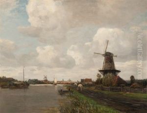 View Of A Canal With A City On The Horizon by Ferdinand Bernhard Hoppe