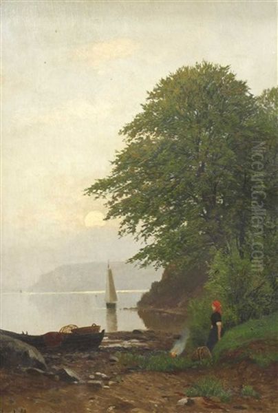 Fischerin Am Ufer Mit Reuse Und Lagerfeuer - view 1