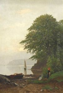 Fischerin Am Ufer Mit Reuse Und Lagerfeuer