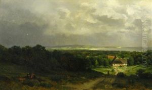 Hollandische Kustenlandschaft Mit Gehoften Bei Aufziehendem Regen. Vorn Auf Einem Feldweg Ein Schafer Bei Seiner Herde