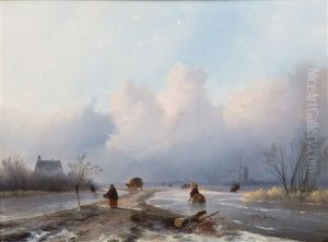 A Winter Landscape With Skaters On Ice And A Koek-en-zopie In The Distance by Johannes Franciscus Hoppenbrouwers