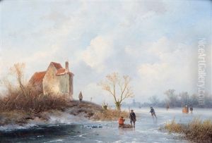A Winter Landscape With Figures On A Frozen River by Johannes Franciscus Hoppenbrouwers