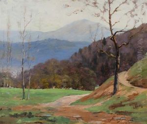 Landscape With Blue Ridge Mountains In Background by John Stewart Barney